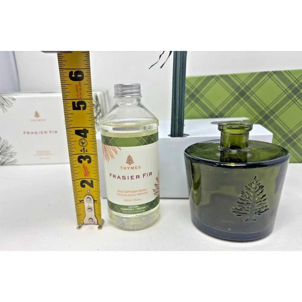 NIB Thymes Frasier Fir Reed Diffuser Set 7.75 oz Green Glass Vessel